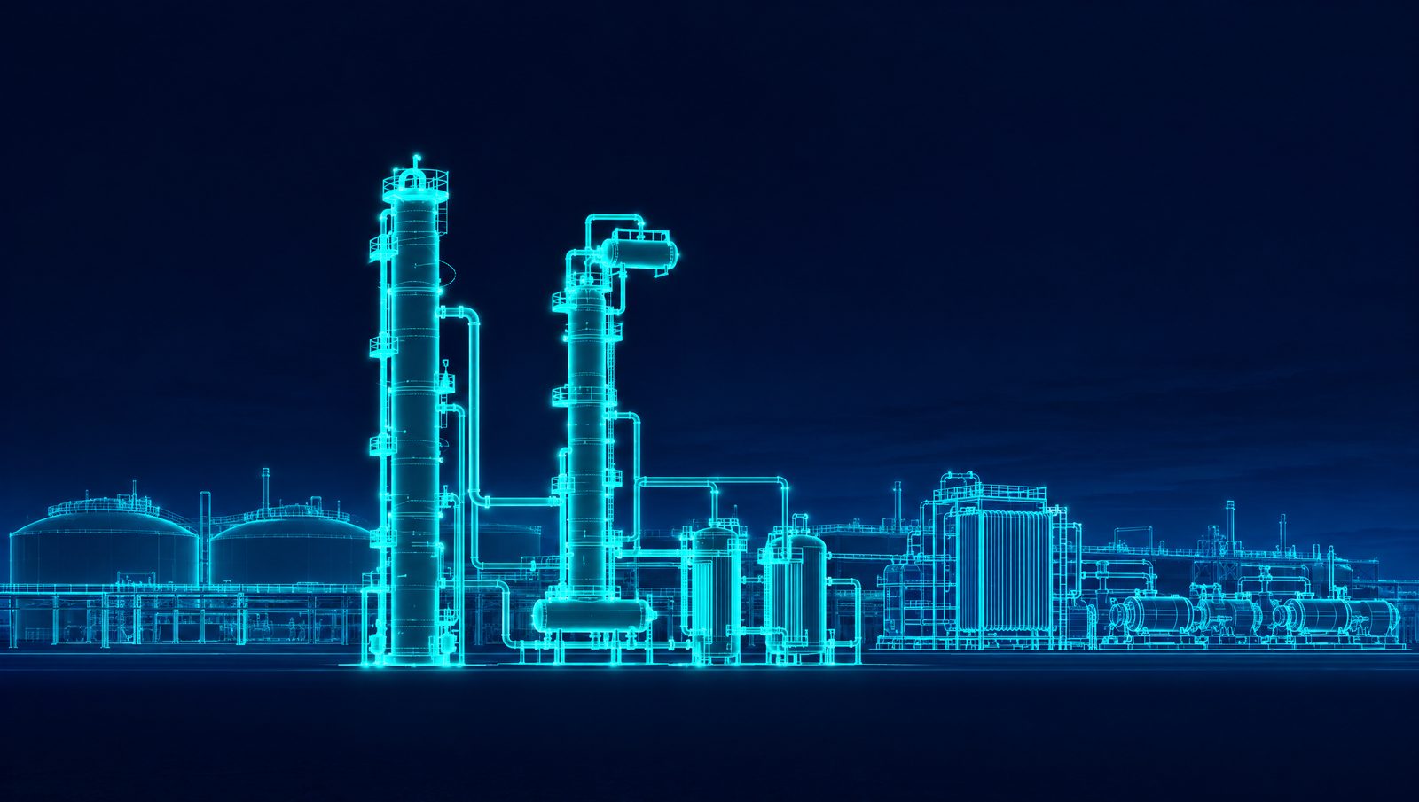 Wireframe rendering of an amine acid gas removal unit with absorber, regenerator and reboiler ahead of an LNG train
