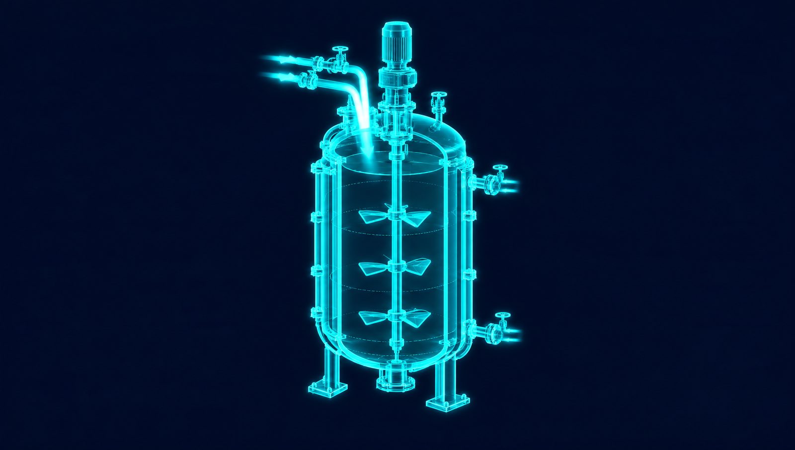 Wireframe illustration of a cutaway jacketed batch reactor with agitator, impellers, cooling jacket and charge valves