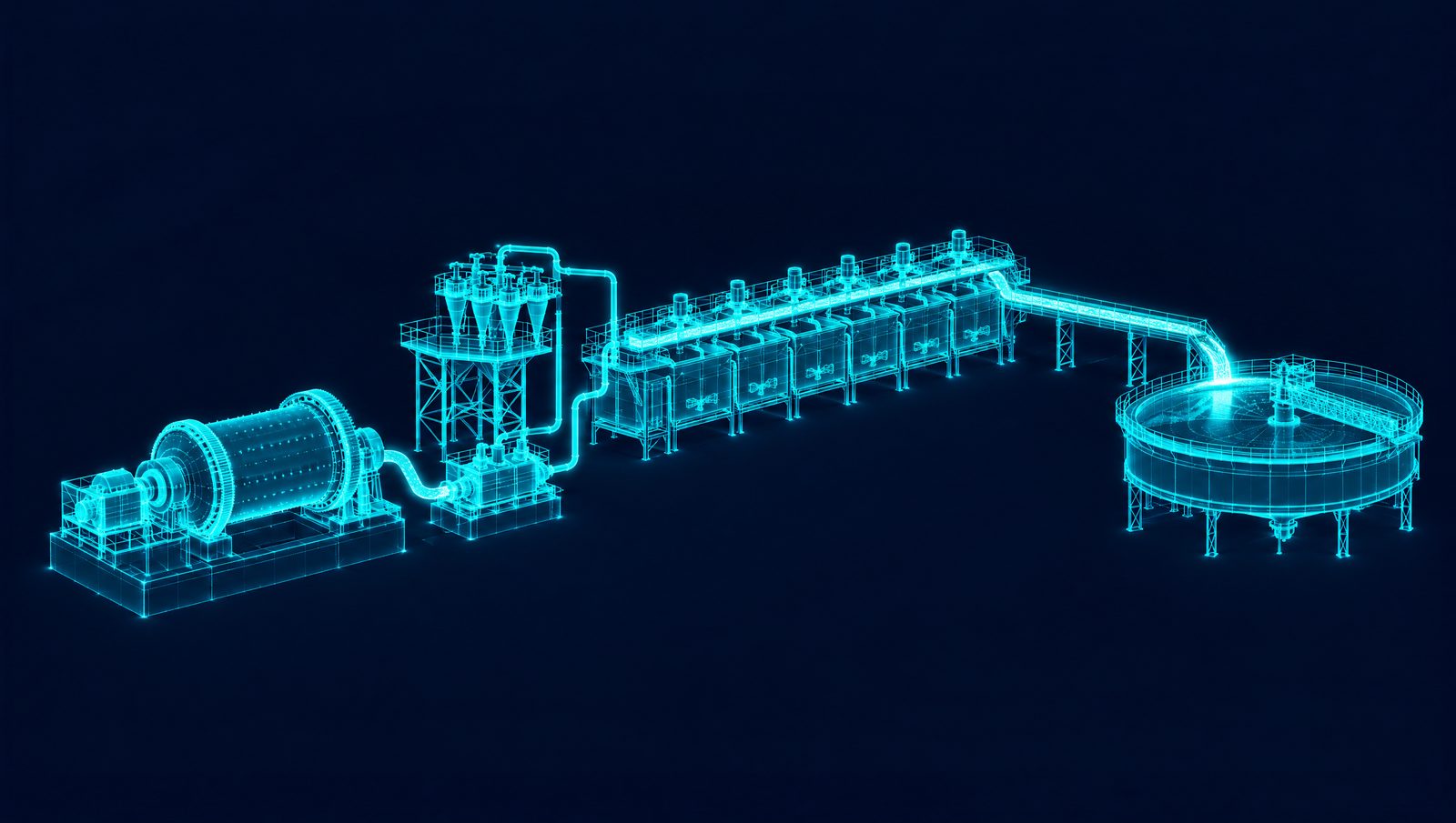 Wireframe illustration of a mineral concentrator with ball mill, hydrocyclone, flotation cell bank and thickener