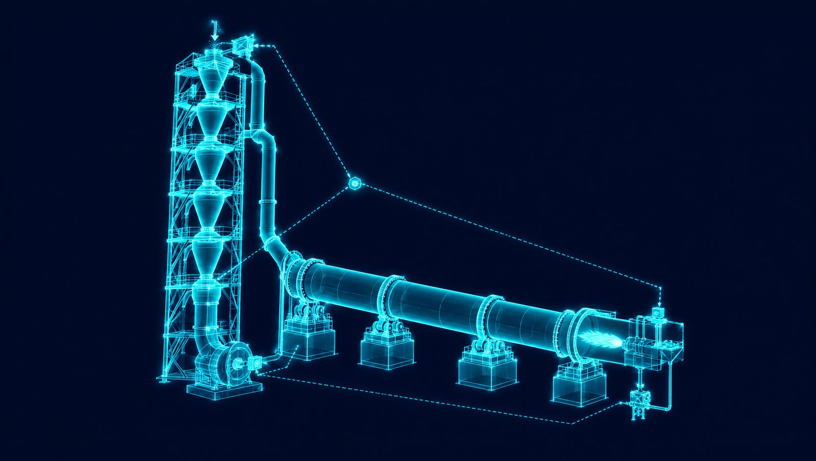 Wireframe illustration of a cement preheater tower and rotary kiln with signal lines to one control node