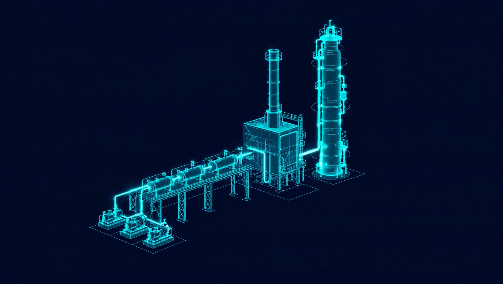 Wireframe illustration of a crude unit with charge pumps, preheat exchangers, fired heater and atmospheric column