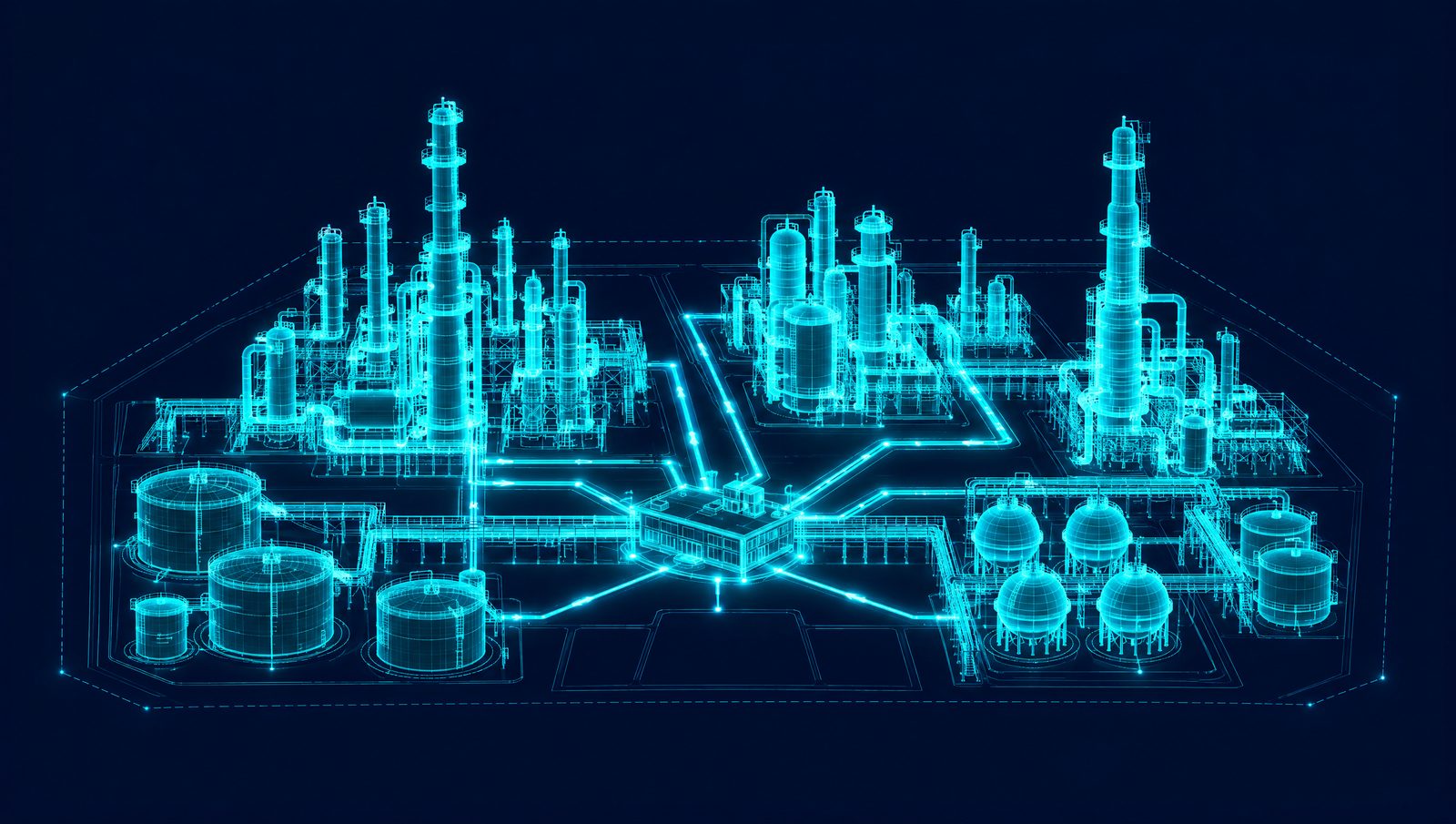 Wireframe illustration of a refinery and gas processing complex seen from above, with columns, pipe racks and a central control building