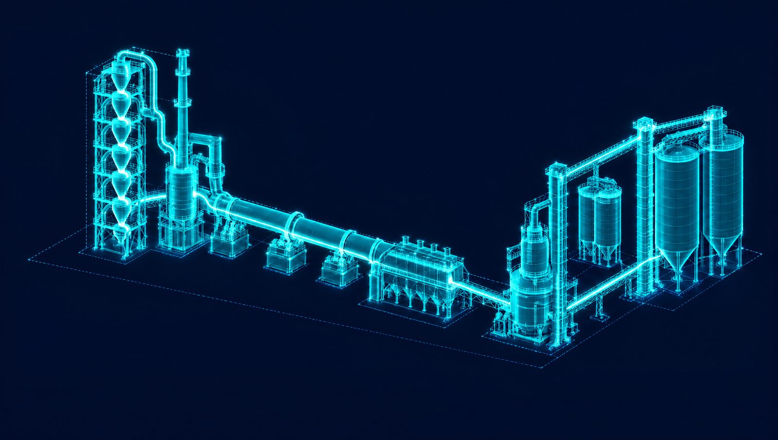 Wireframe illustration of a cement preheater tower, rotary kiln, clinker cooler and finish mill