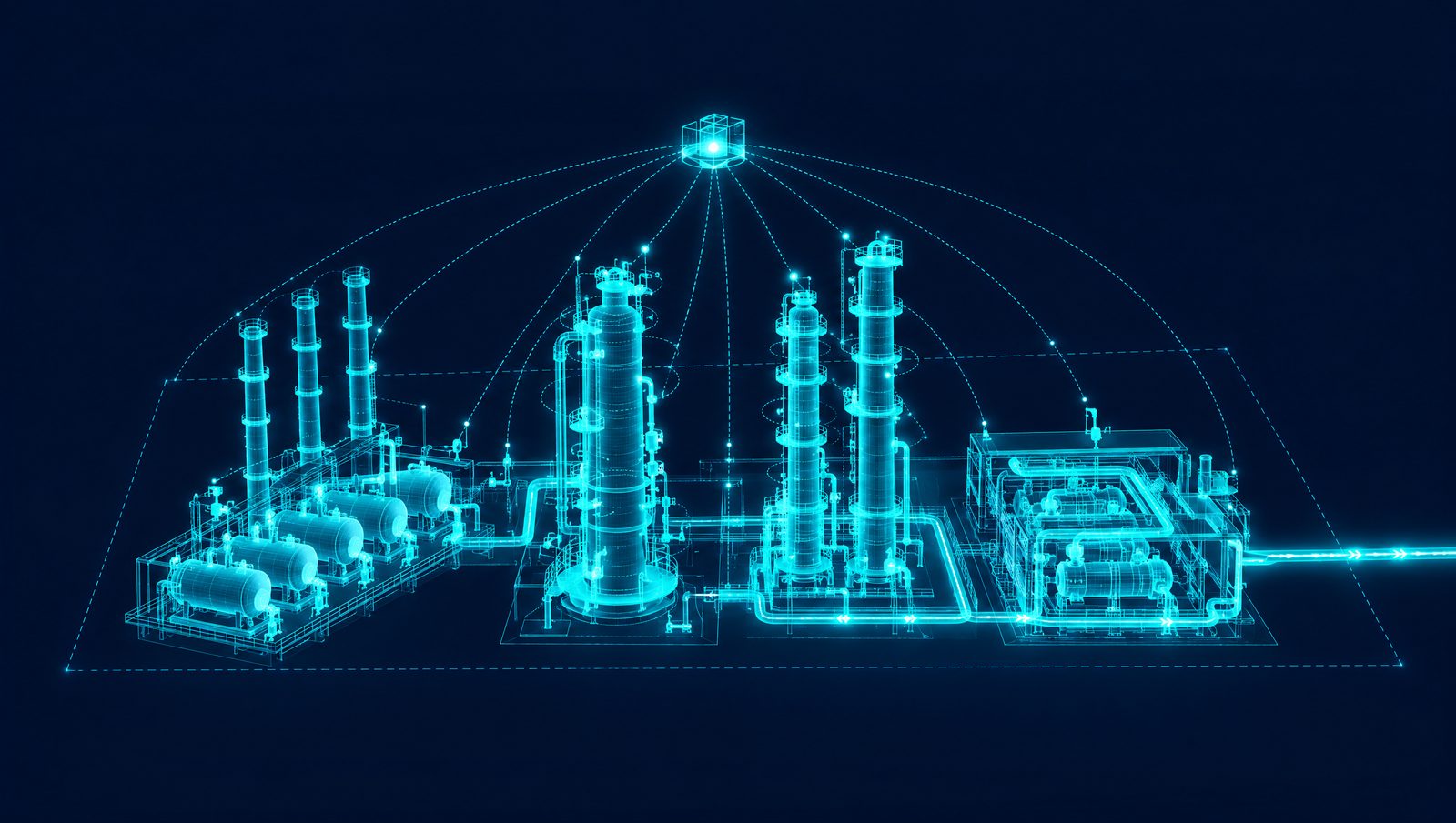 A wireframe process plant with setpoint traces flowing from one controller to its reactor, columns, compressors and boilers