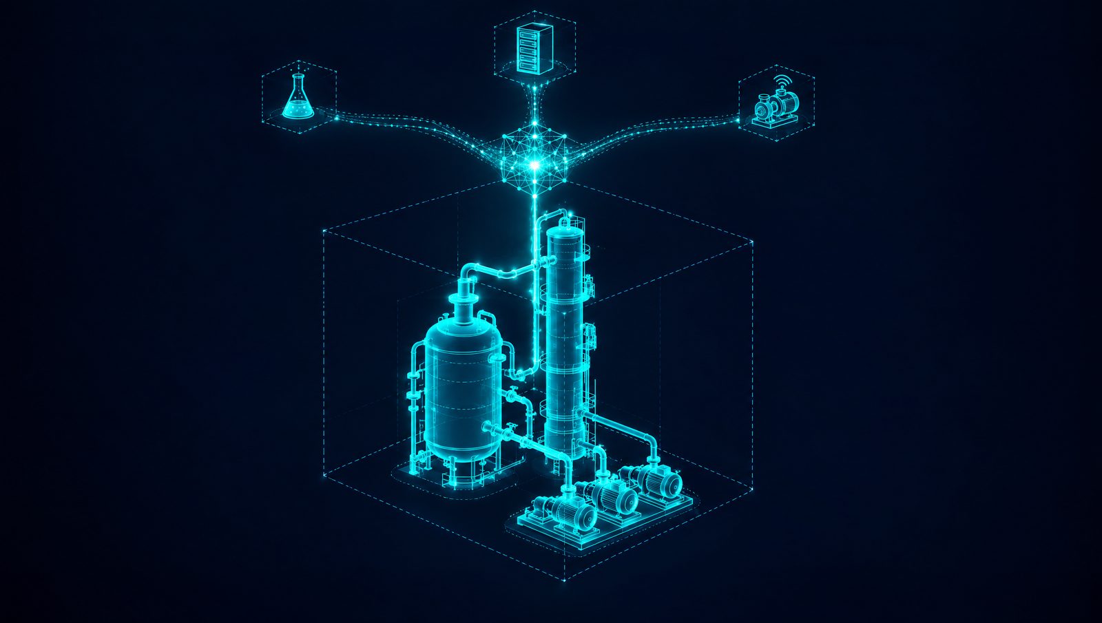 Wireframe data streams from a process plant converging on one process model