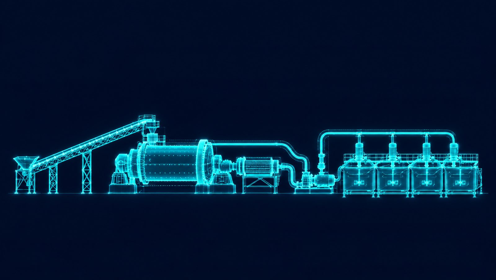 Wireframe illustration of a SAG mill with feed conveyor and trommel, slurry pumps and tank flotation cells