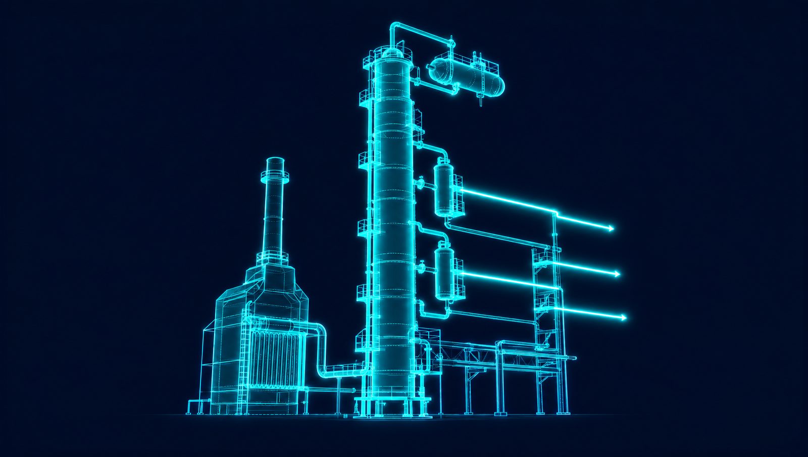 Wireframe illustration of a crude distillation unit with its fired heater and side-draw product lines
