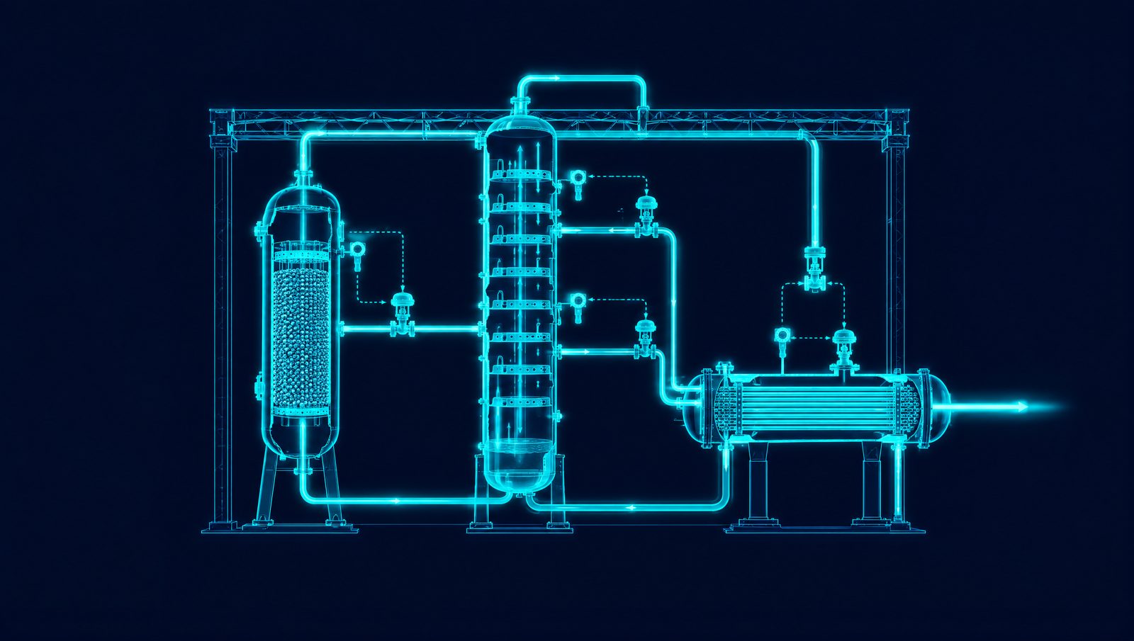 Wireframe illustration of a process plant with signal paths from sensors to setpoints