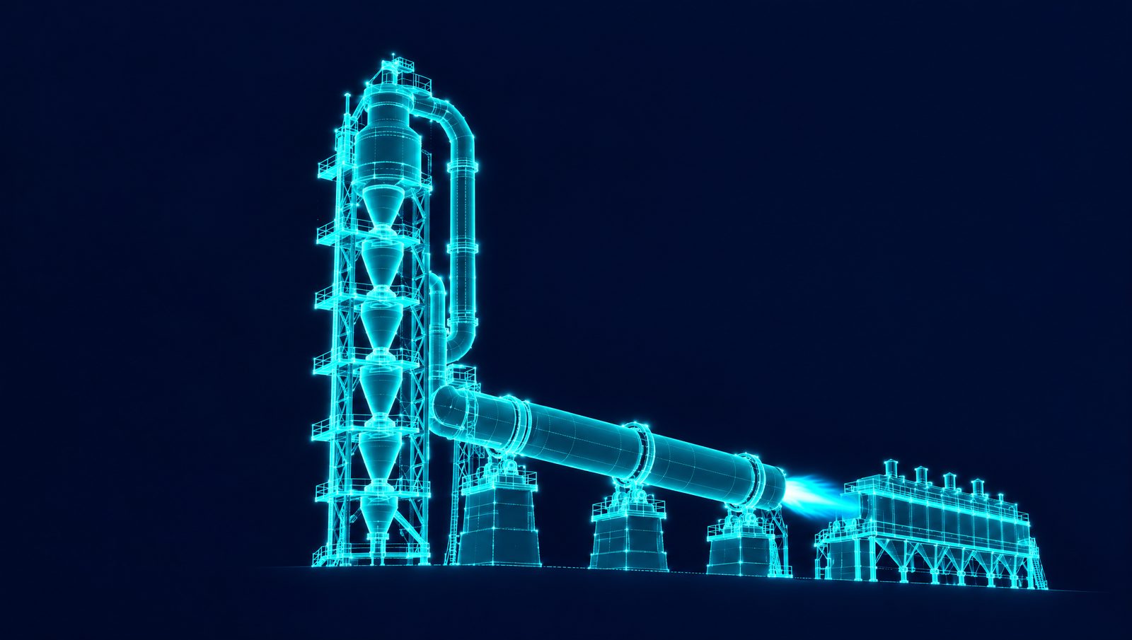 Wireframe illustration of a cement preheater tower and calciner above a rotary kiln, burner and clinker cooler