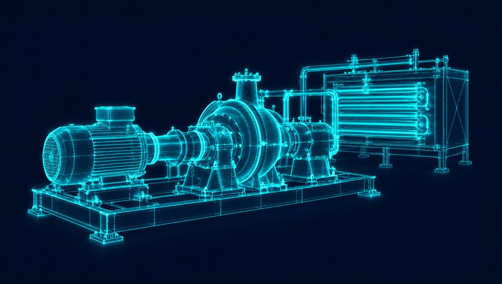Wireframe illustration of a centrifugal compressor train with motor and bearing housings, box heater behind