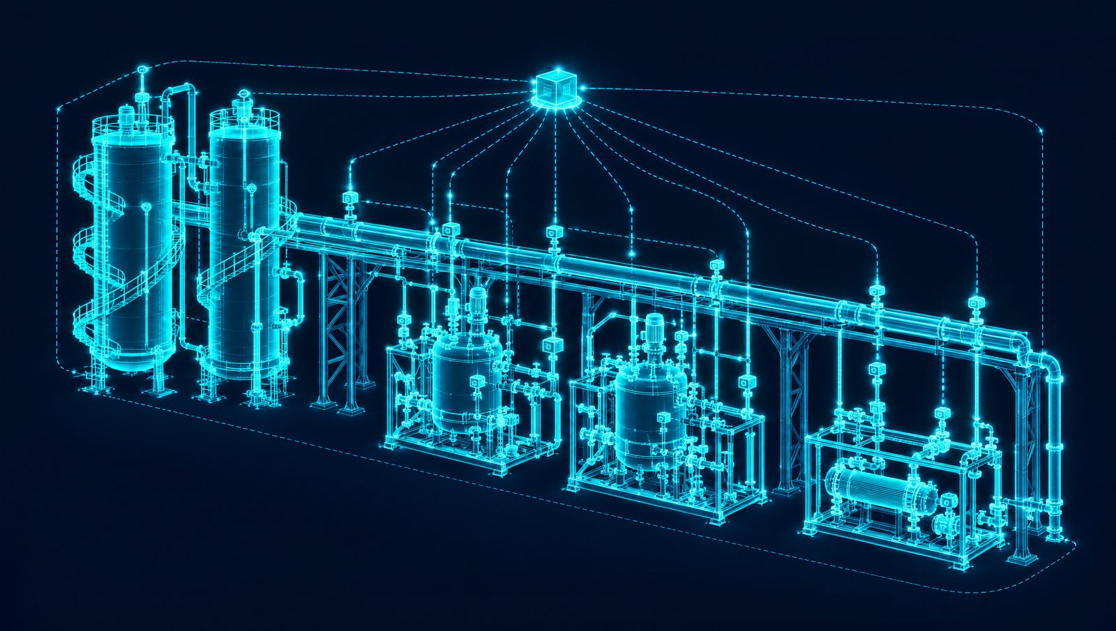 Wireframe illustration of a process area with storage tanks, pipe rack and reactor skids linked by signal lines