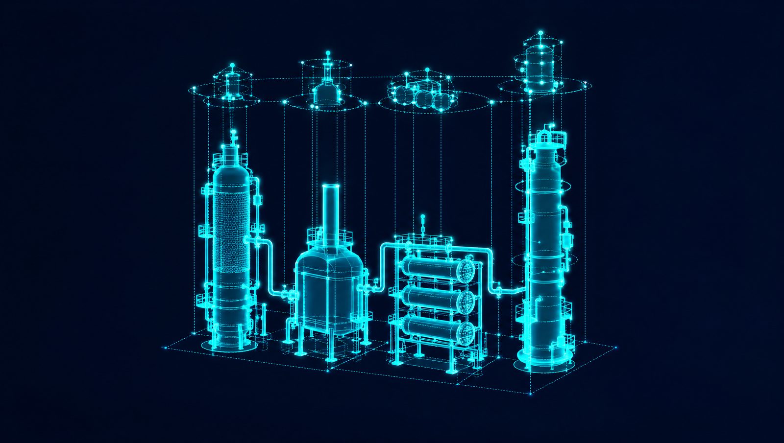 Wireframe rendering of a process unit with a layer of model nodes linked to its sensors floating above it