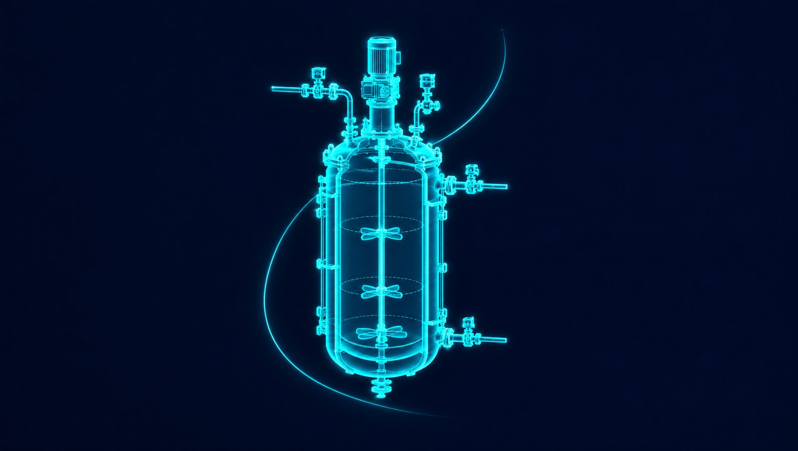 Wireframe rendering of a jacketed batch reactor with agitator and a batch temperature trajectory