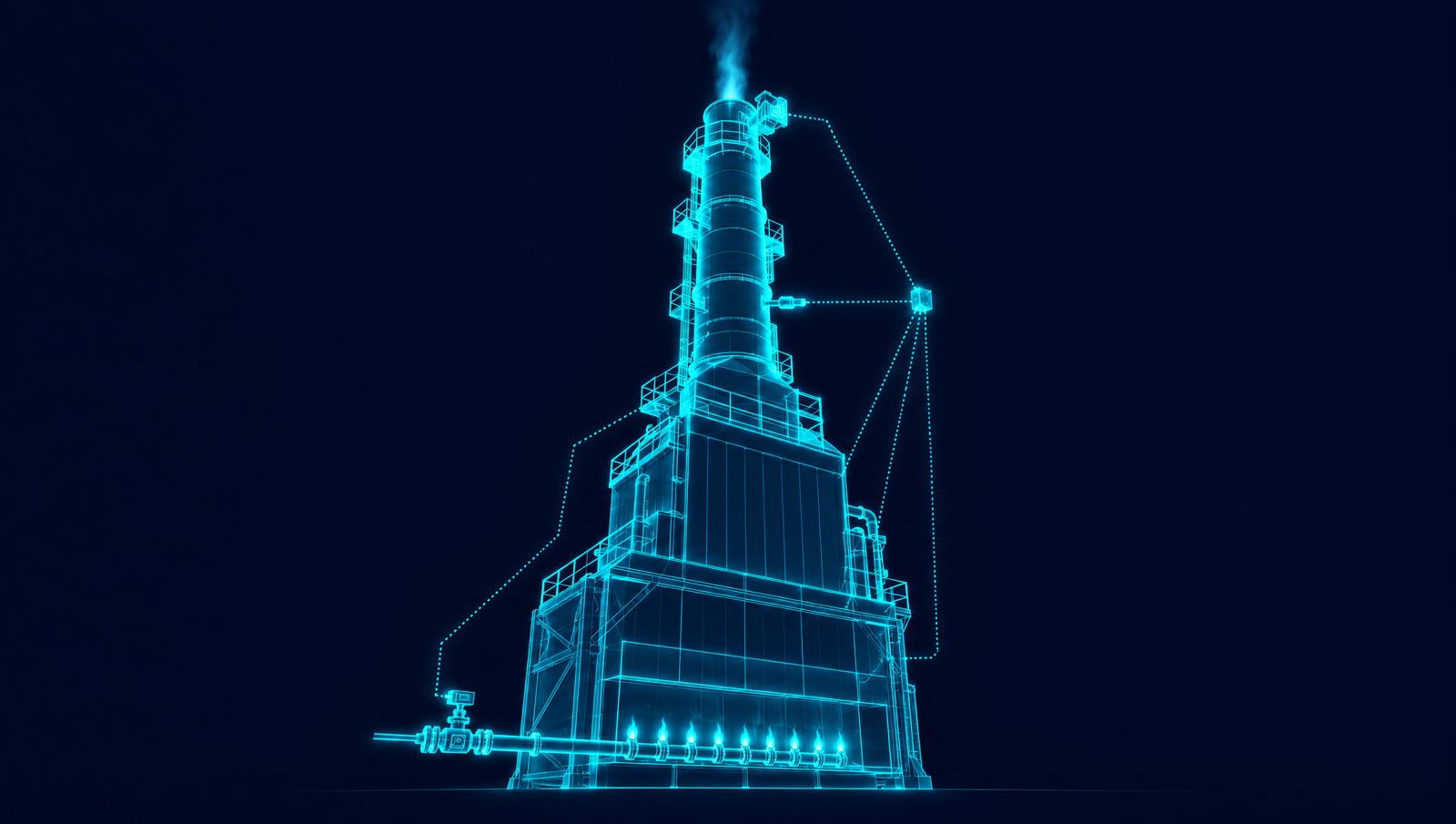 Wireframe rendering of a refinery fired heater and stack with a combustion control loop