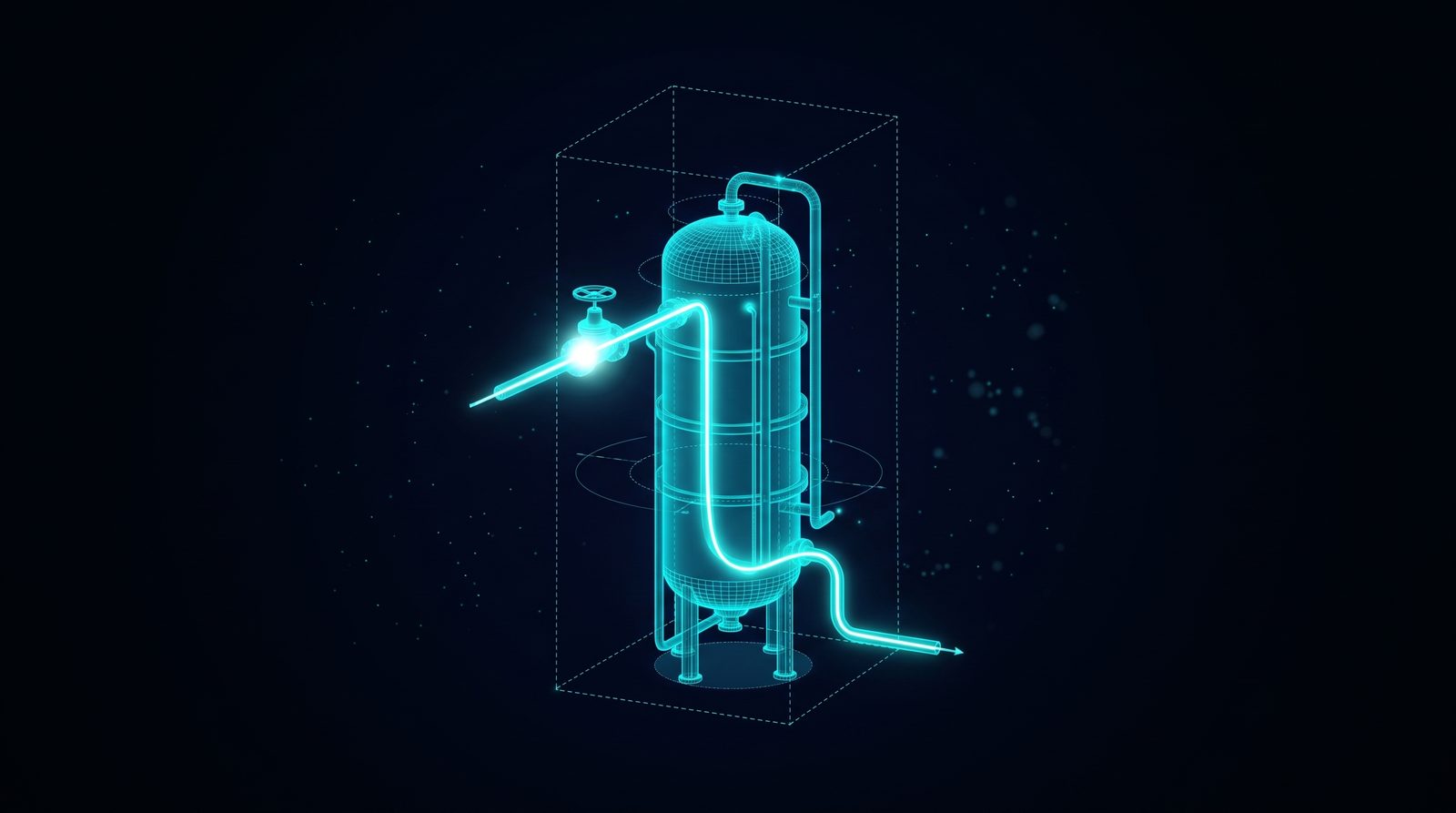 Wireframe rendering of a process unit with one bright line from a valve to its outlet, scattered unconnected data points around it