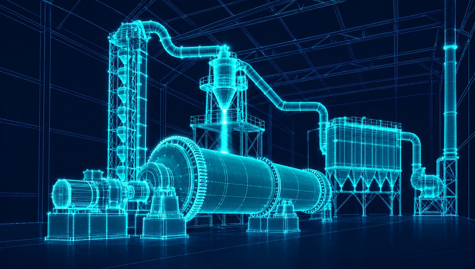 Wireframe illustration of a cement ball mill in closed circuit with a separator and bucket elevator
