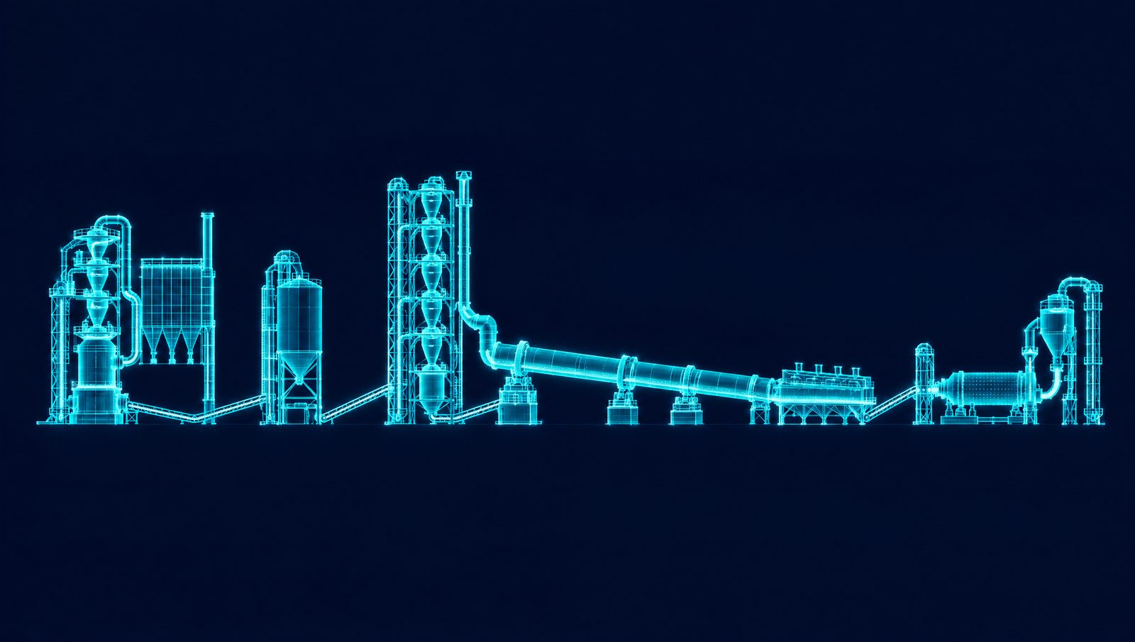 Wireframe illustration of a cement line from raw mill and preheater tower through the kiln and cooler to the finish mill