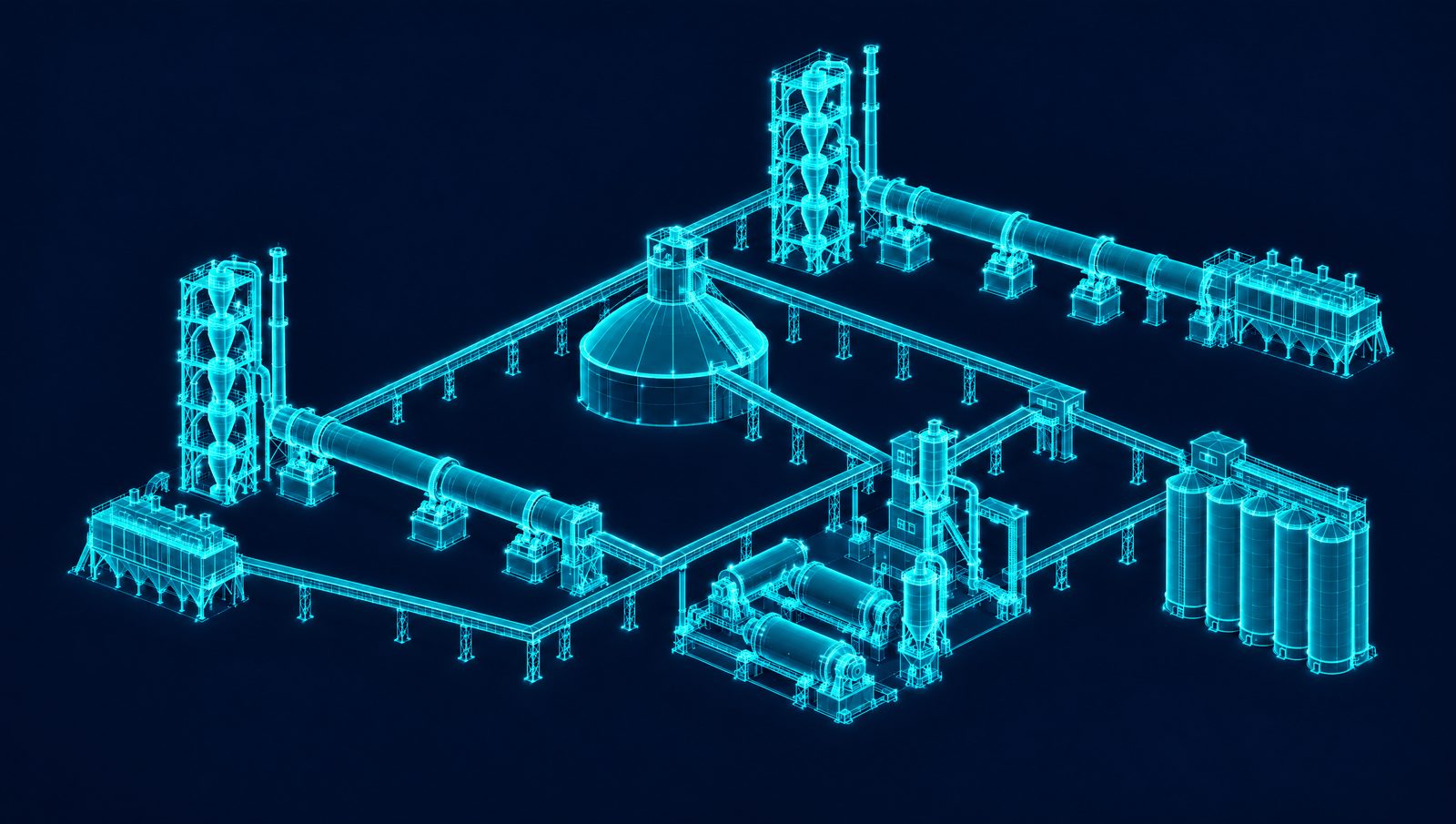 Wireframe illustration of a cement plant with two kiln lines, clinker dome, finish mills and cement silos