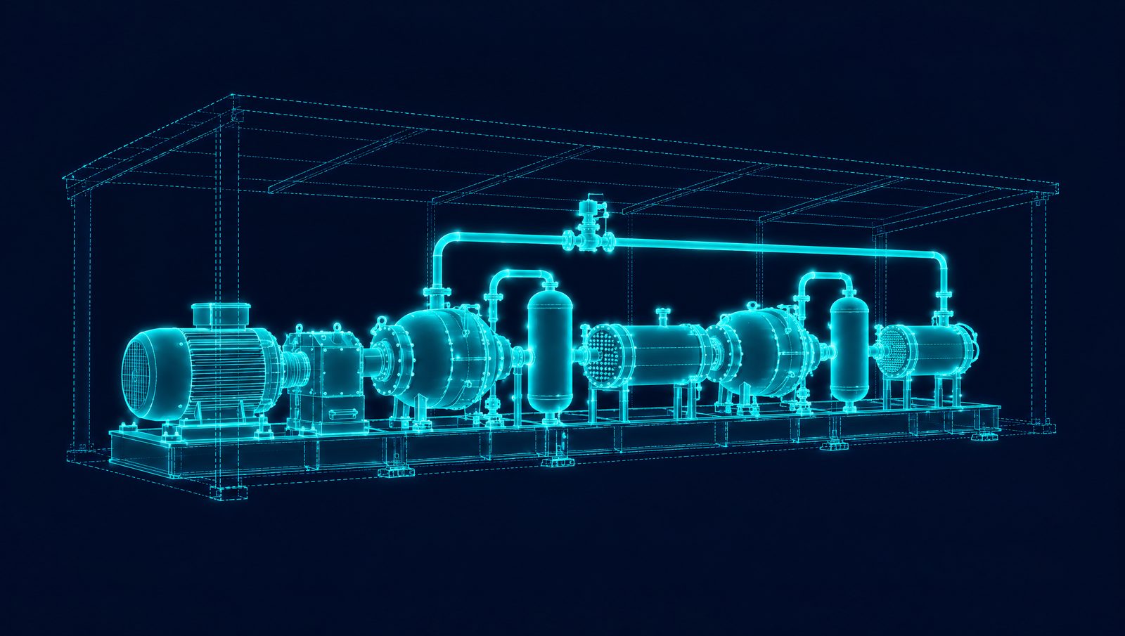 Wireframe illustration of a multistage centrifugal compressor train with intercoolers and an anti-surge recycle loop