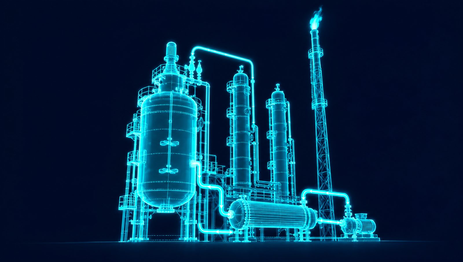 Wireframe illustration of a chemical plant with a reactor, its cooling loop, distillation columns and relief stacks