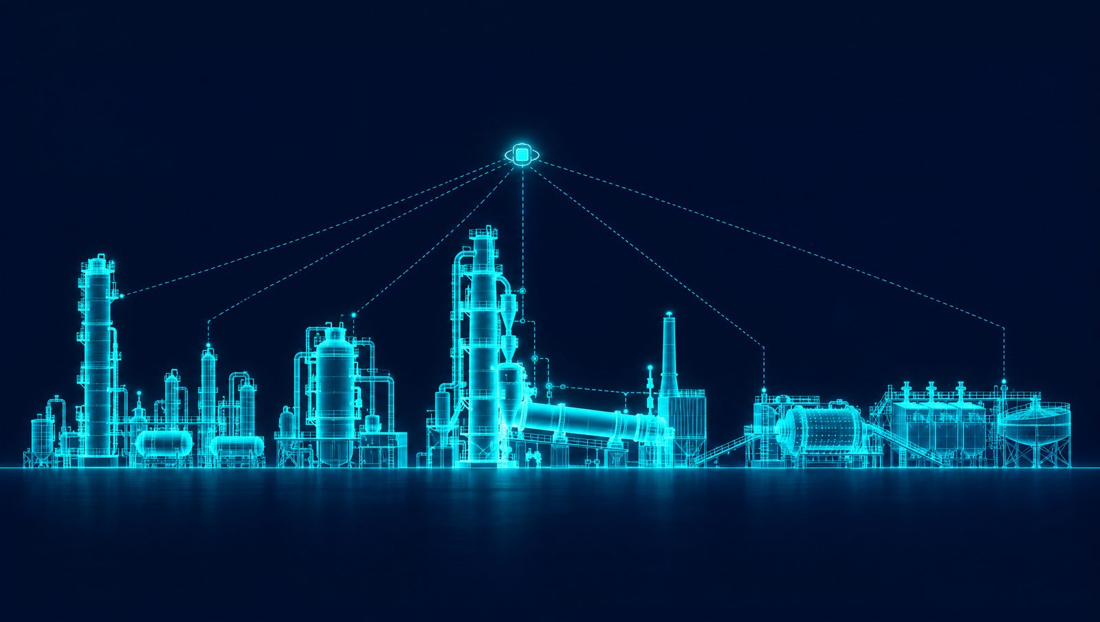 Wireframe illustration of a fractionator, chemical reactor, cement kiln and mineral concentrator side by side