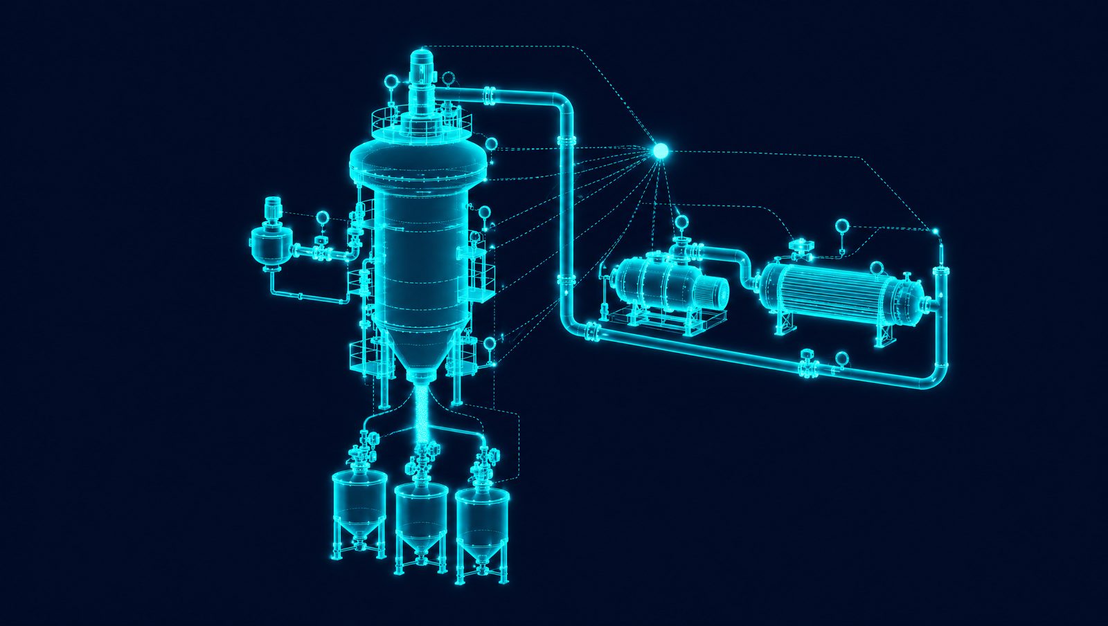 Wireframe illustration of a gas-phase polyethylene reactor with cycle gas compressor, cooler, purge bins and a control node