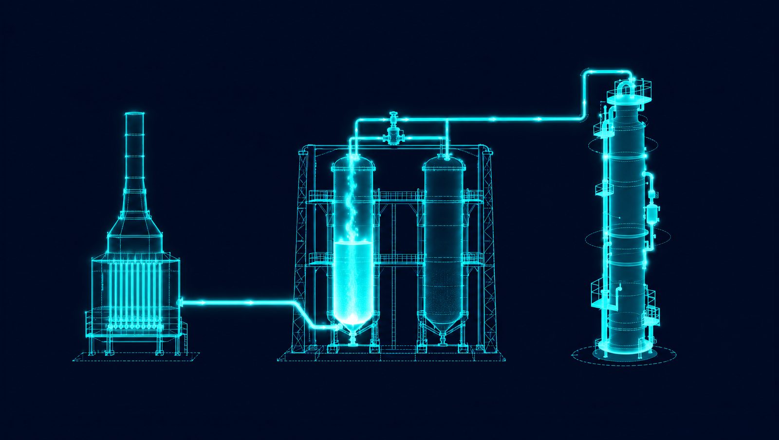 Wireframe rendering of a delayed coker with two coke drums, a heater and a fractionator