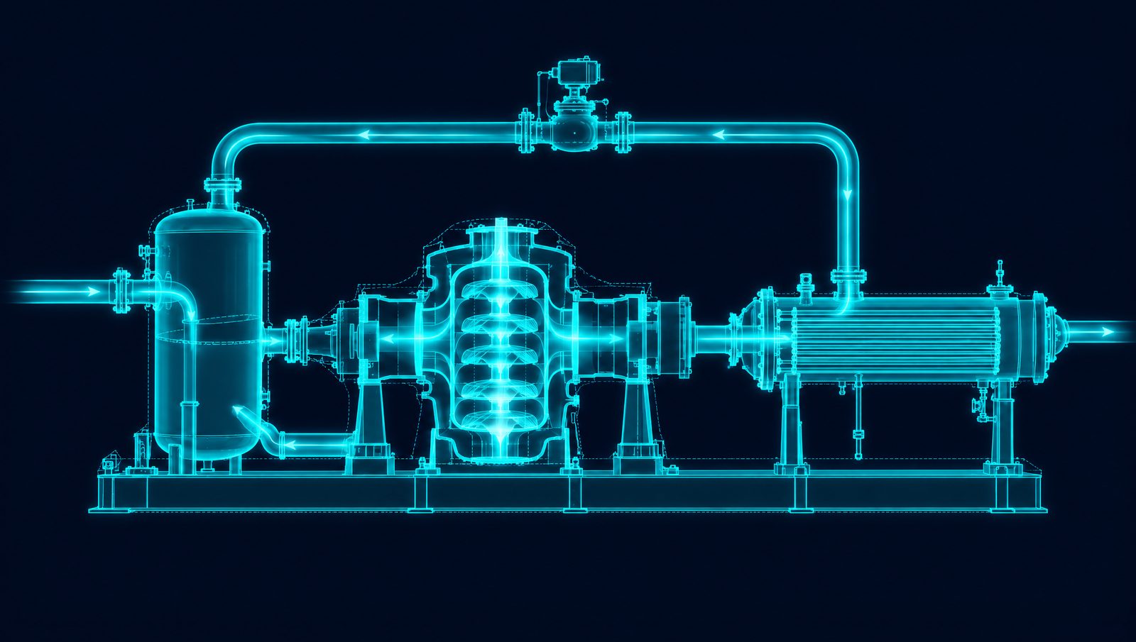 Wireframe rendering of a centrifugal compressor with its anti-surge recycle loop and an operating point near the surge line