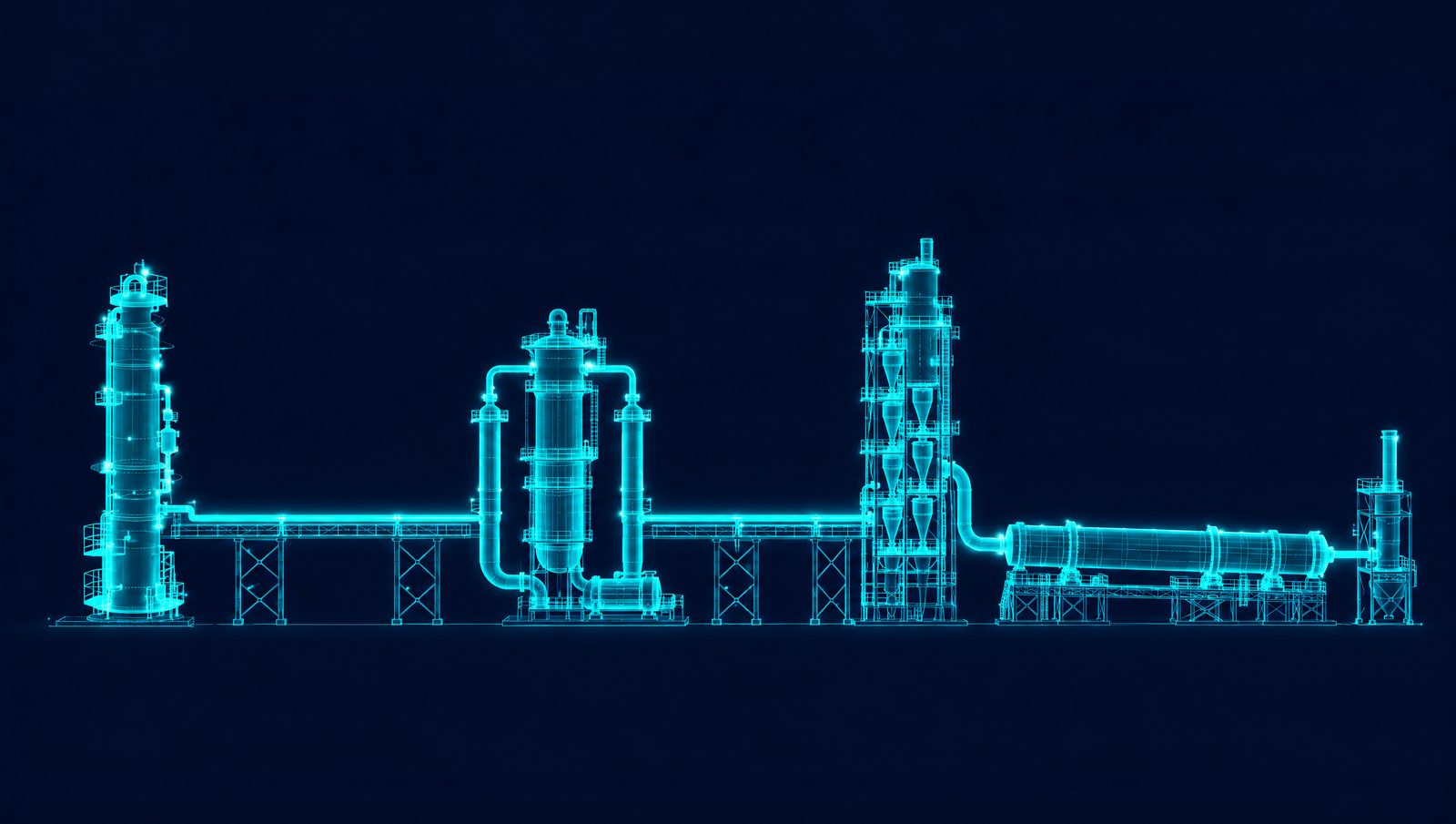 Wireframe illustration of a fractionation column, polymer loop reactor and cement kiln joined by one pipe rack