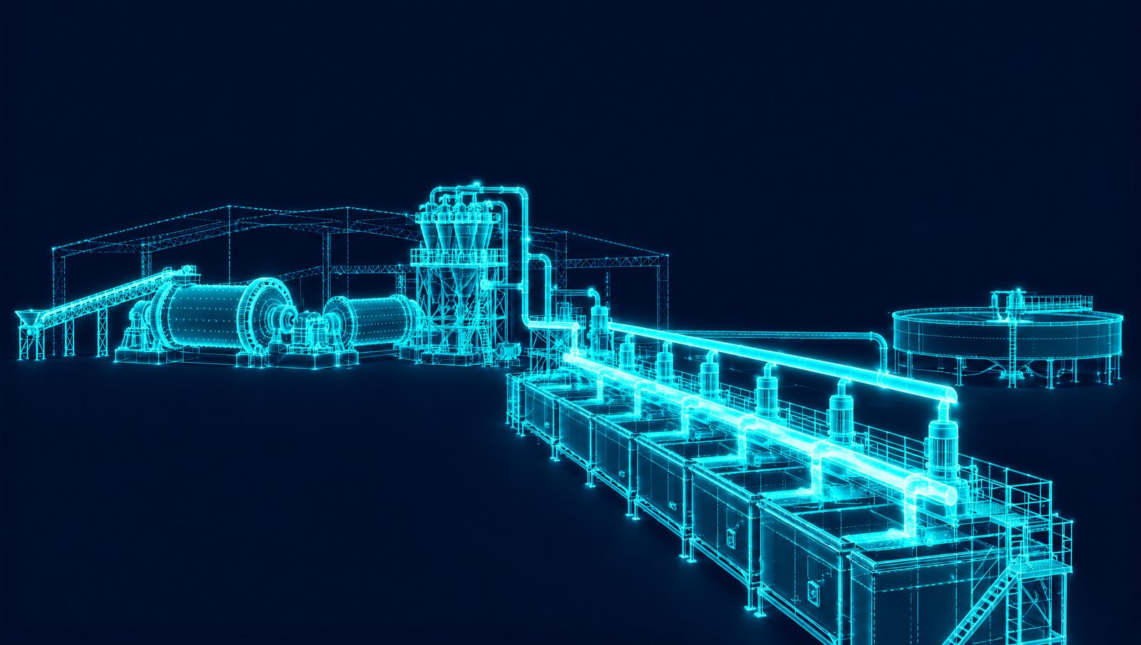 Wireframe illustration of a copper concentrator grinding circuit feeding a bank of flotation cells