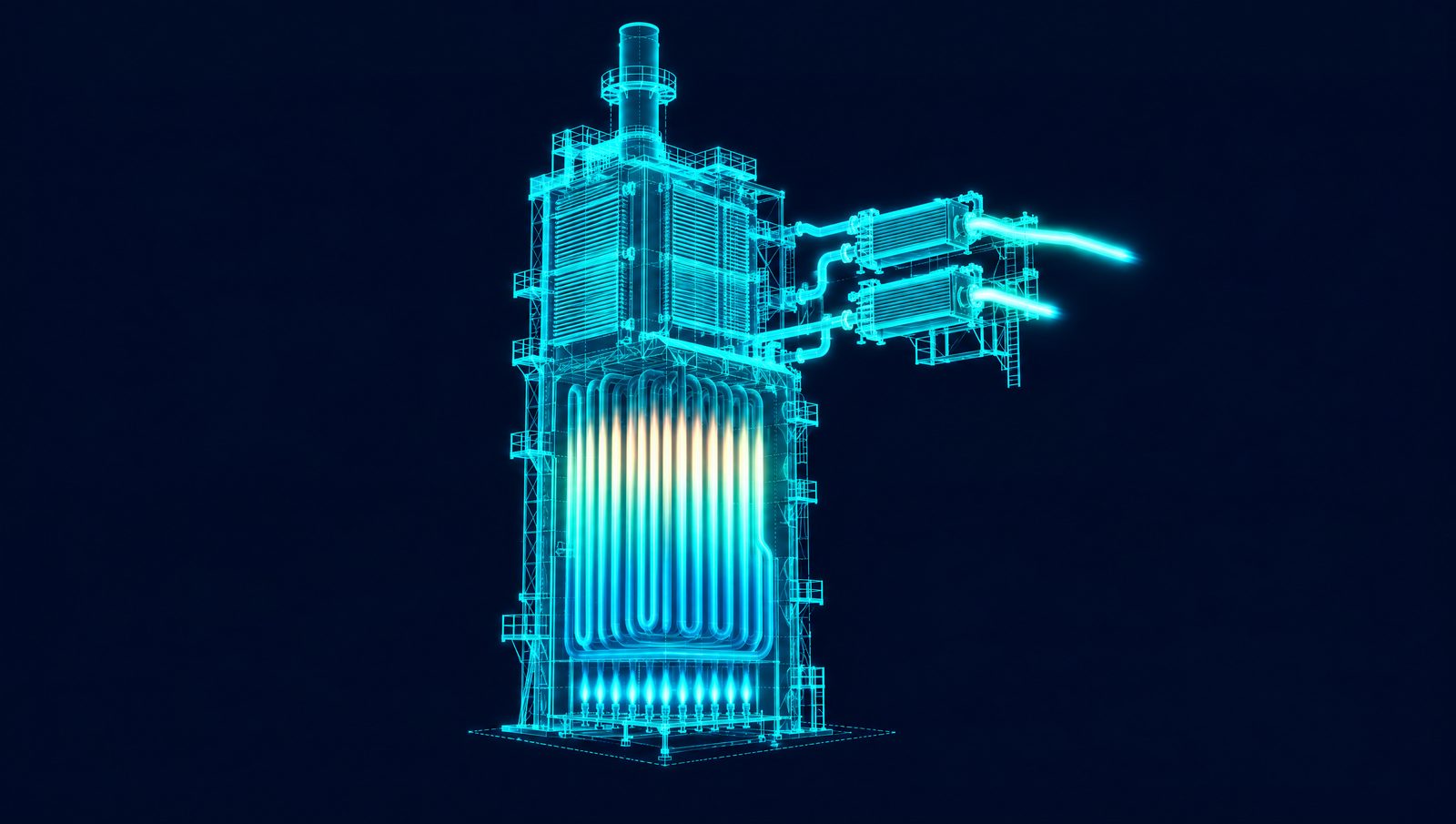 Wireframe illustration of a steam cracking furnace with radiant coils, convection section and transfer-line exchanger