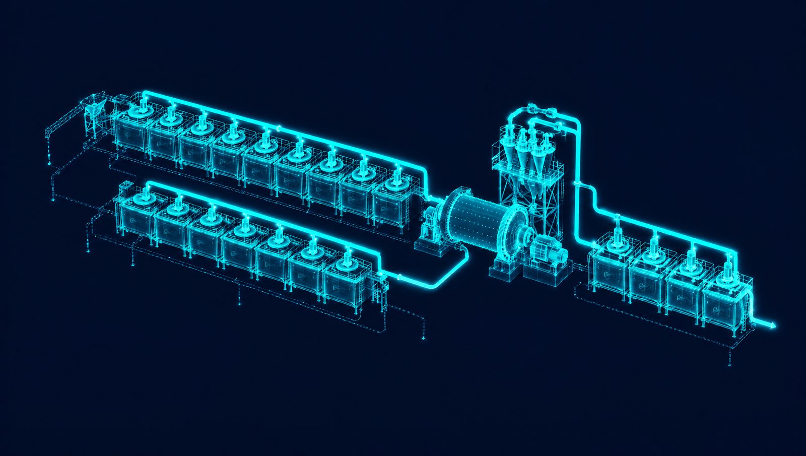 Wireframe illustration of a flotation circuit with rougher, cleaner and scavenger cells and a regrind mill
