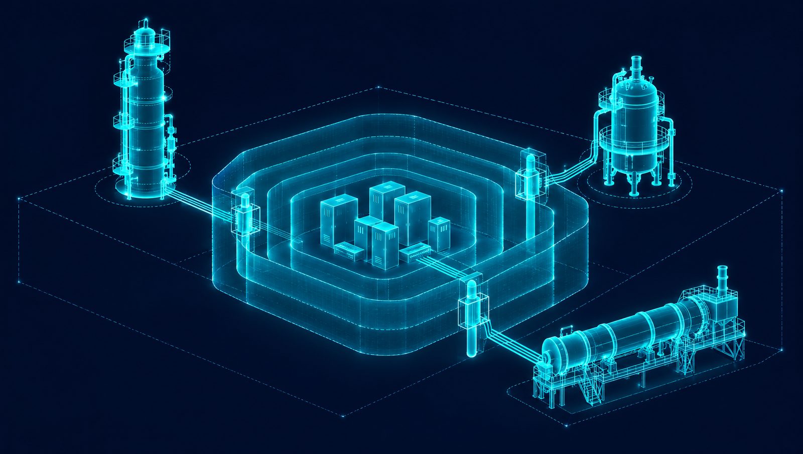 Wireframe illustration of controller cabinets inside nested network zones, linked to a column, reactor and kiln
