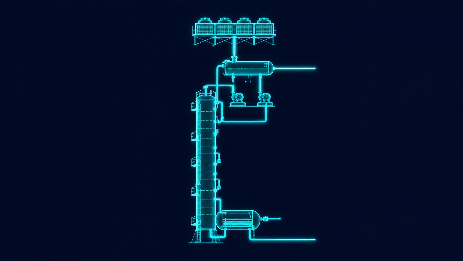 Wireframe illustration of a debutanizer with kettle reboiler, air-cooled condensers, reflux drum and reflux pumps