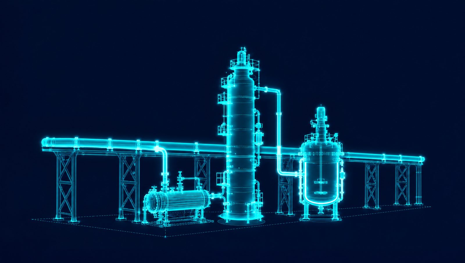 Wireframe illustration of a distillation column with thermosiphon reboiler and a jacketed reactor on a site steam header