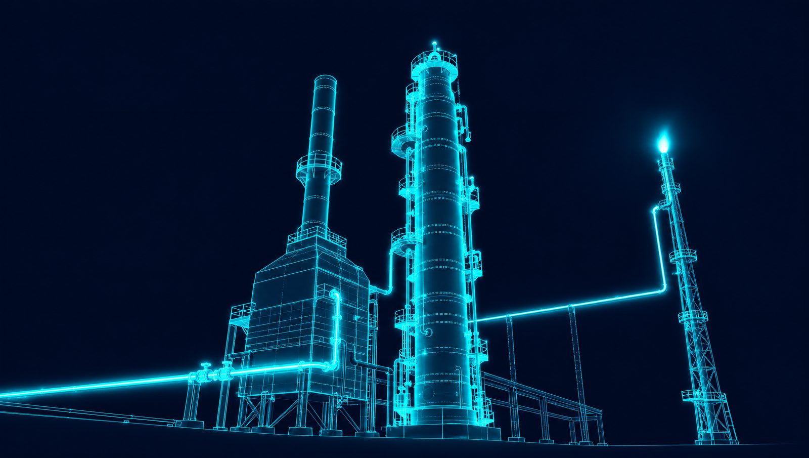 Wireframe illustration of a fired heater and fractionation column with a flare stack and flare header