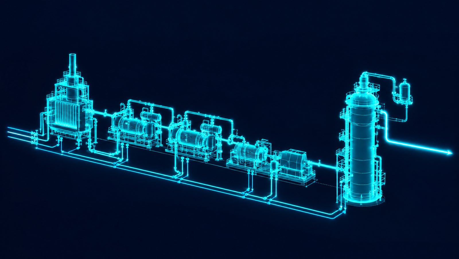 Wireframe illustration of a steam cracker furnace, cracked gas compressor train and fluidized bed polymerization reactor