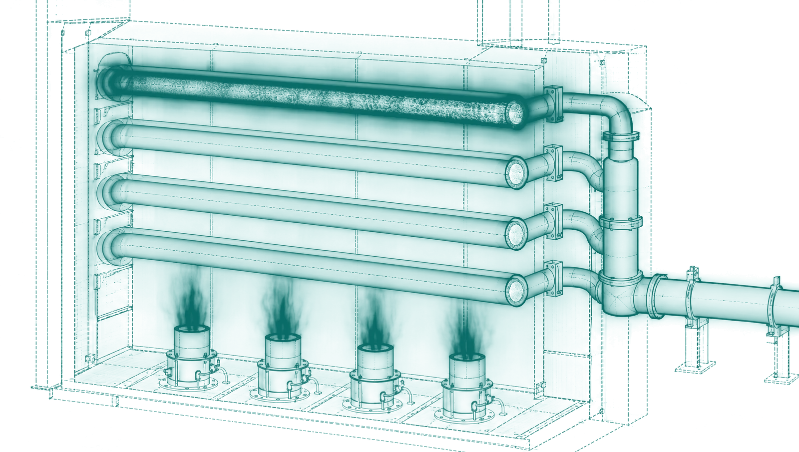 Diagram of a delayed coker heater with multiple passes, one starved pass running hotter and fouling faster than its neighbors