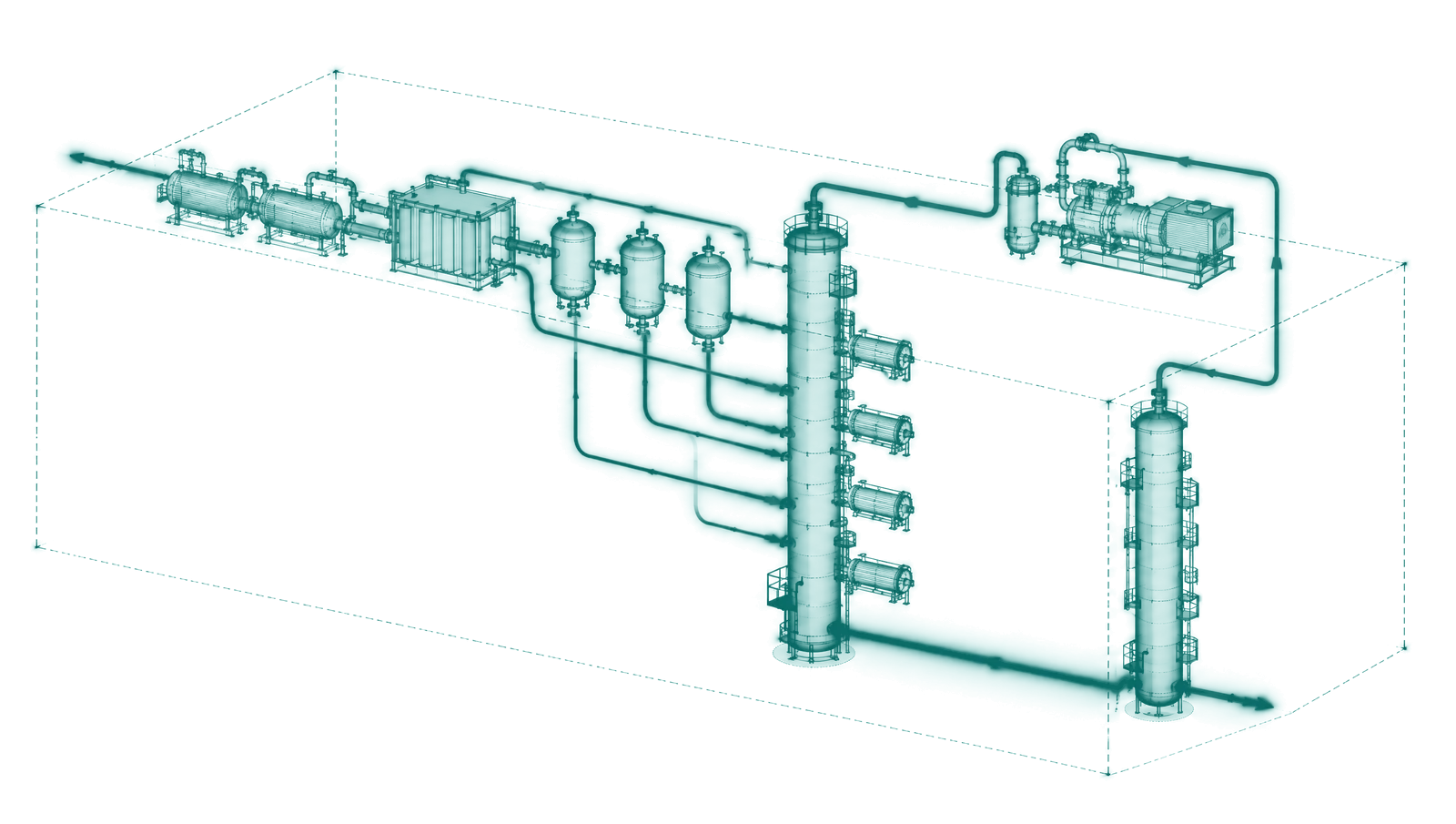 Flow diagram of an ethylene plant cold section with cracked gas drying, chilling train, demethanizer, side reboilers and refrigeration