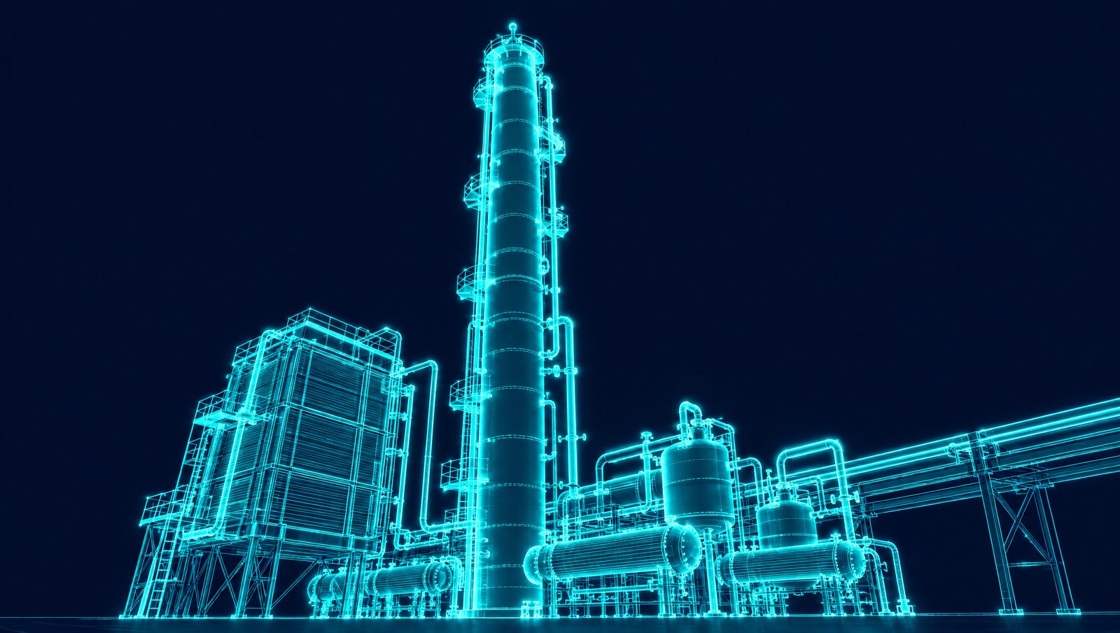 Wireframe rendering of a demethanizer column with cold box and chilling train in an ethylene plant