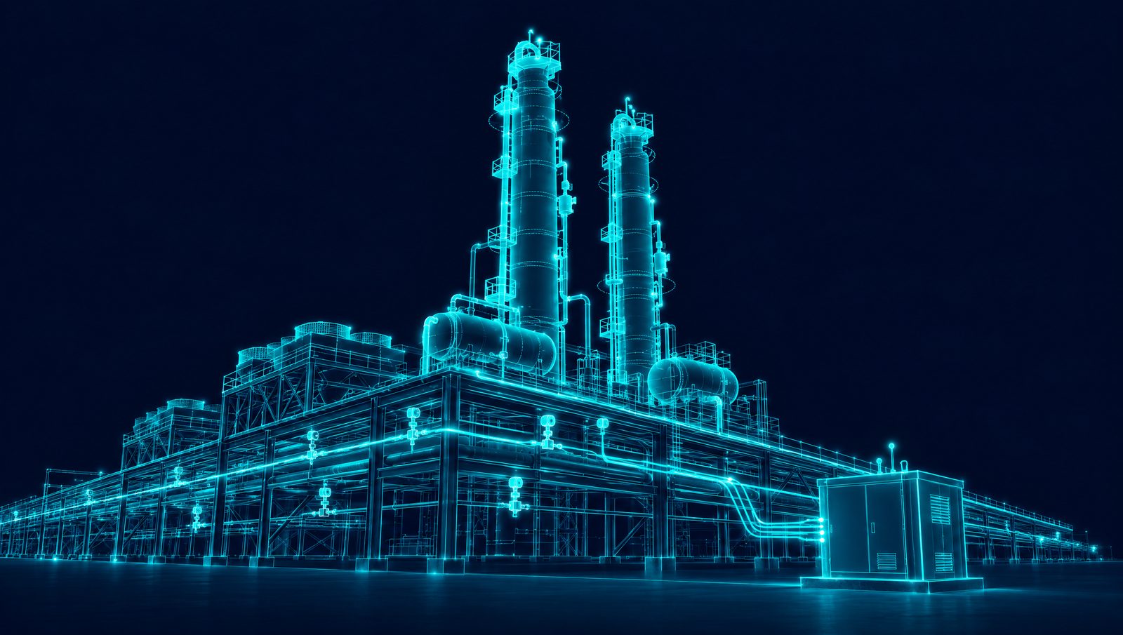 Wireframe illustration of a refinery process unit linked to an edge computing node