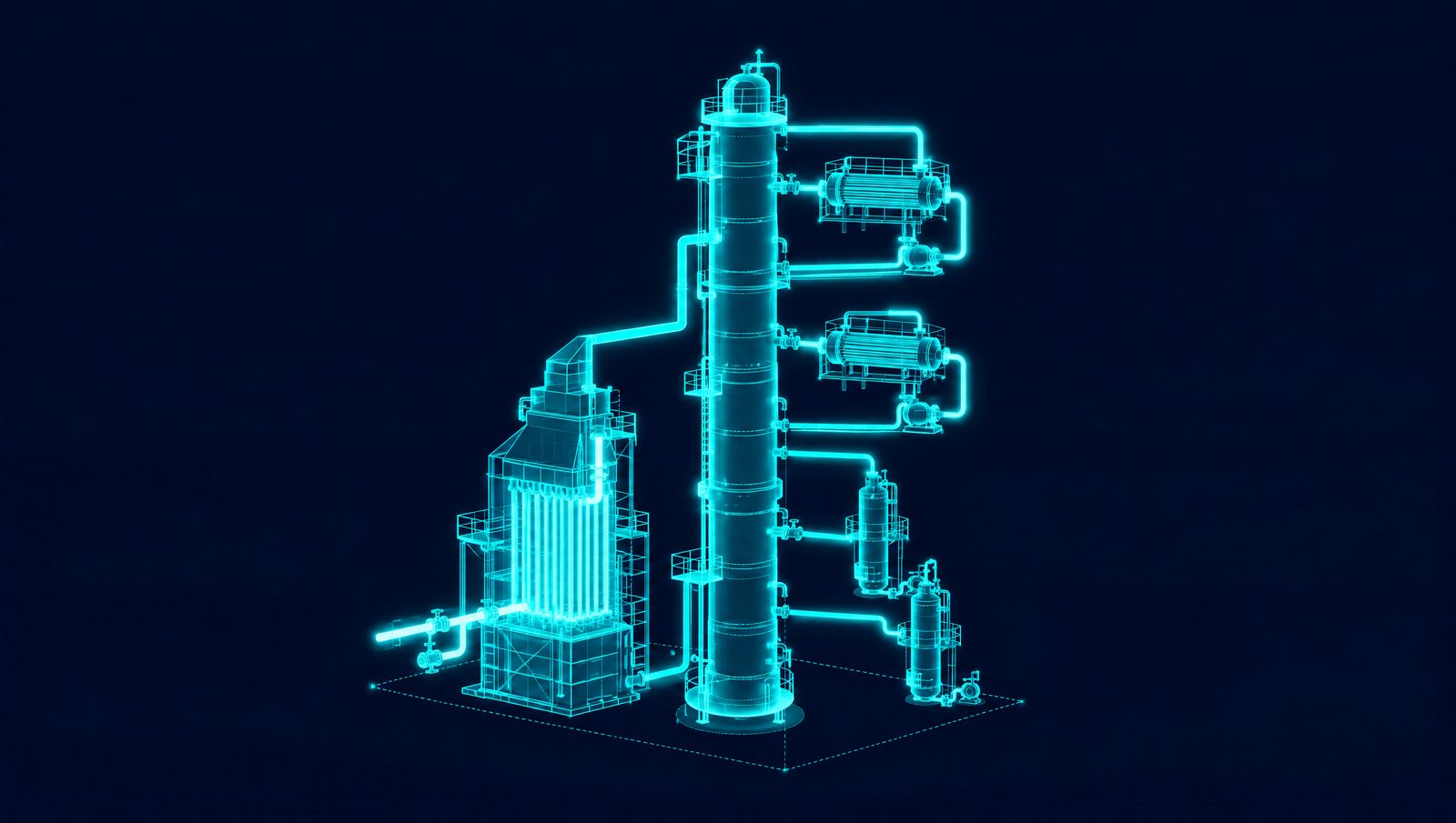 Wireframe illustration of a crude unit with box heater, atmospheric column, pumparound exchangers and side strippers
