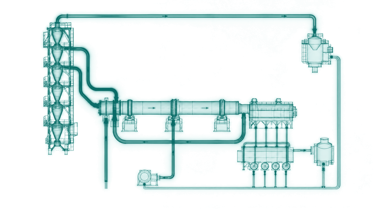 Diagram of a cement line showing heat and power flows through the preheater, kiln, cooler, mills and auxiliaries