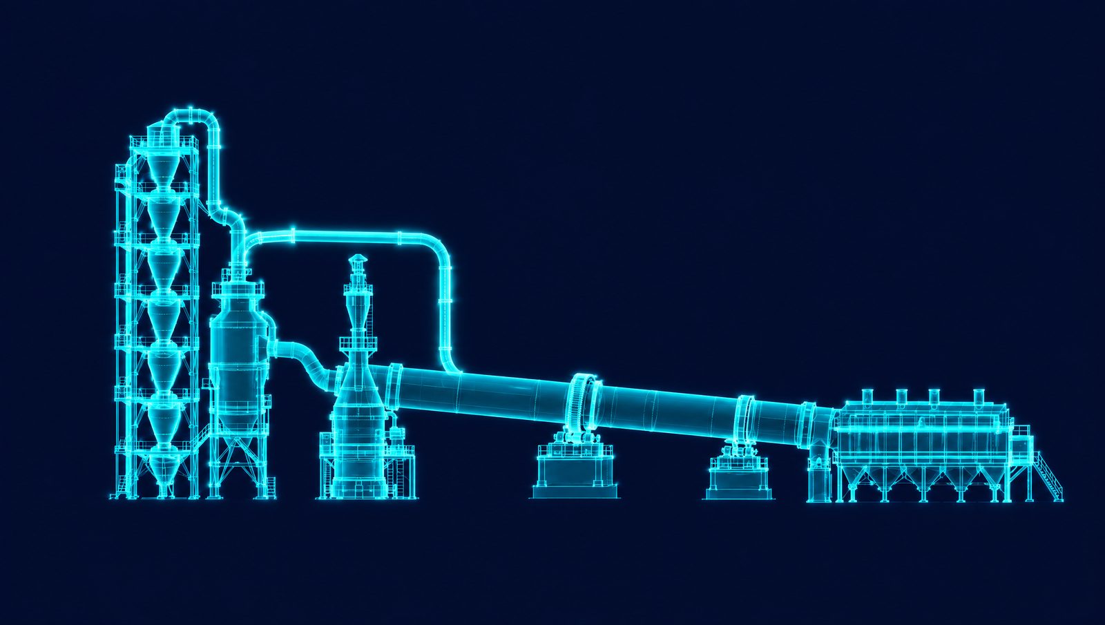 Wireframe illustration of a cement preheater tower, calciner, rotary kiln, clinker cooler and tertiary air duct