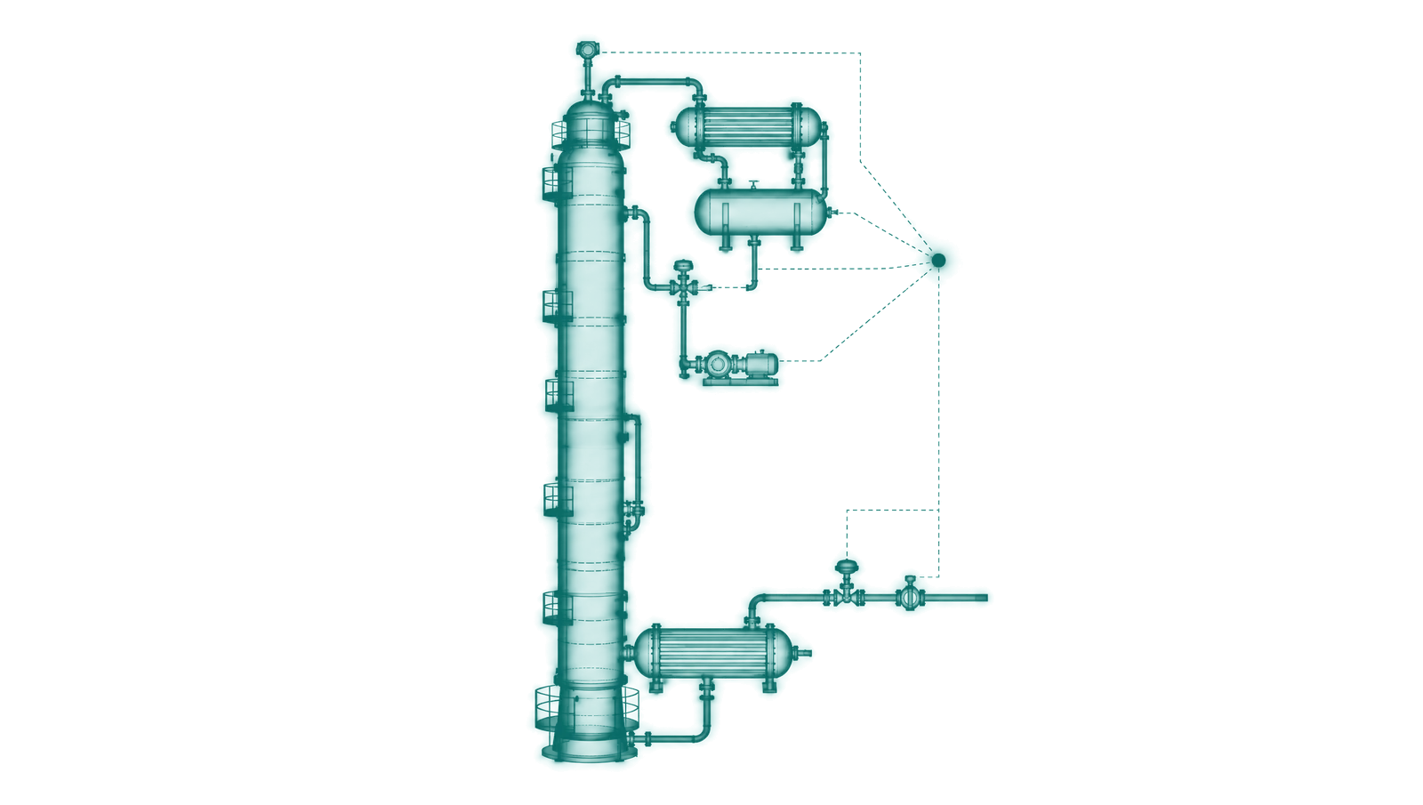 Diagram of a distillation column with reflux, reboiler steam and column pressure linked to a utility meter