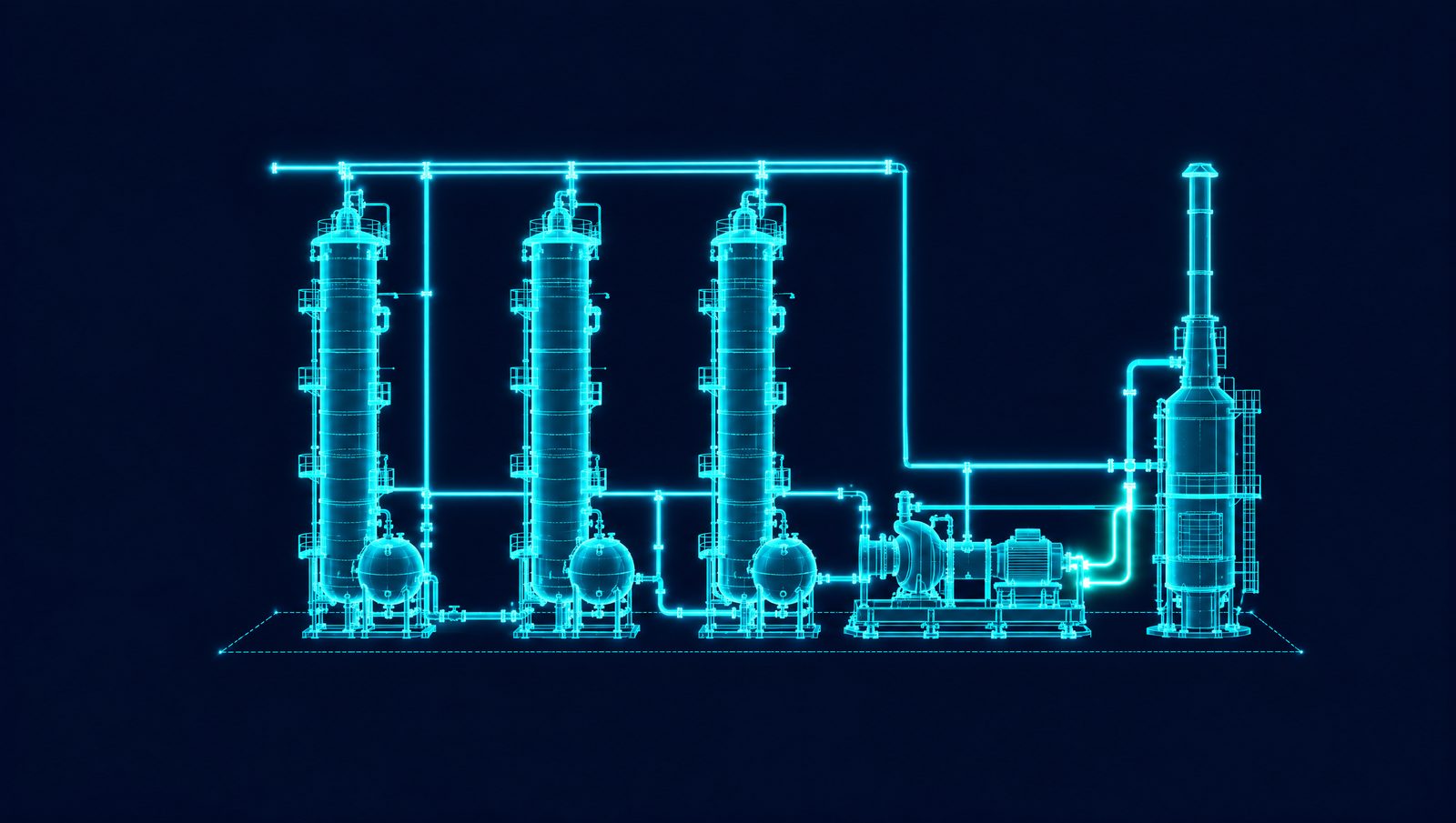 Wireframe illustration of three distillation columns with reboilers, steam header, centrifugal compressor and fired heater