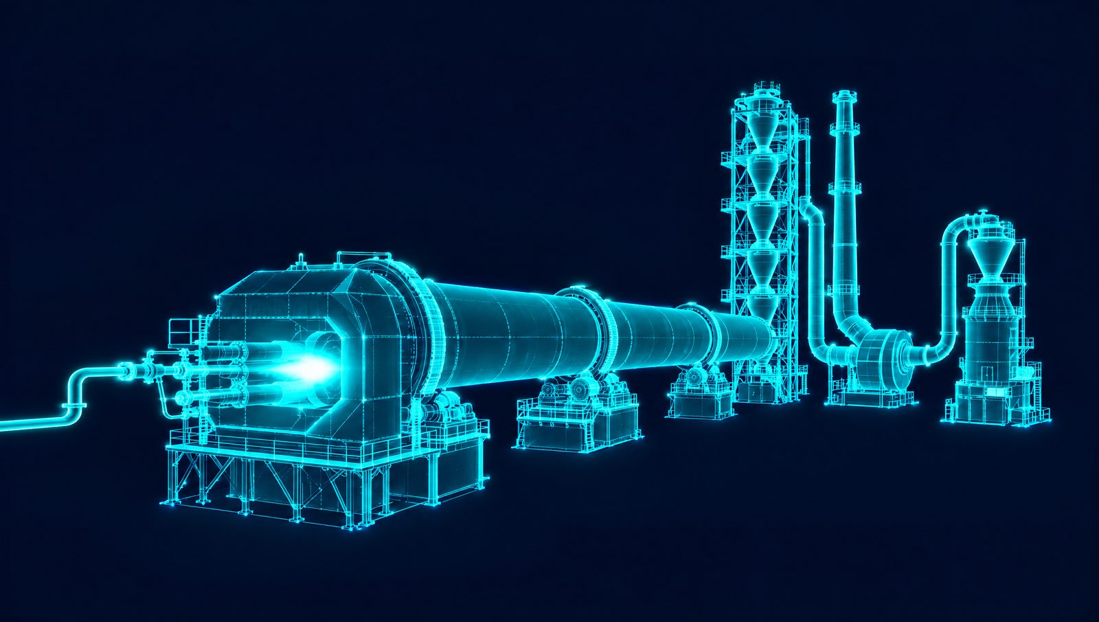 Wireframe illustration of a cement rotary kiln with burner, preheater tower, induced draft fan and roller mill