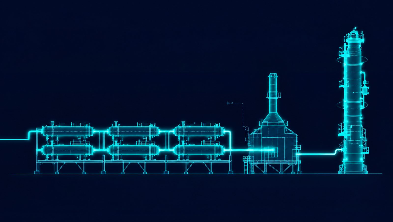 Wireframe illustration of a crude preheat exchanger train feeding a cabin charge heater and atmospheric column