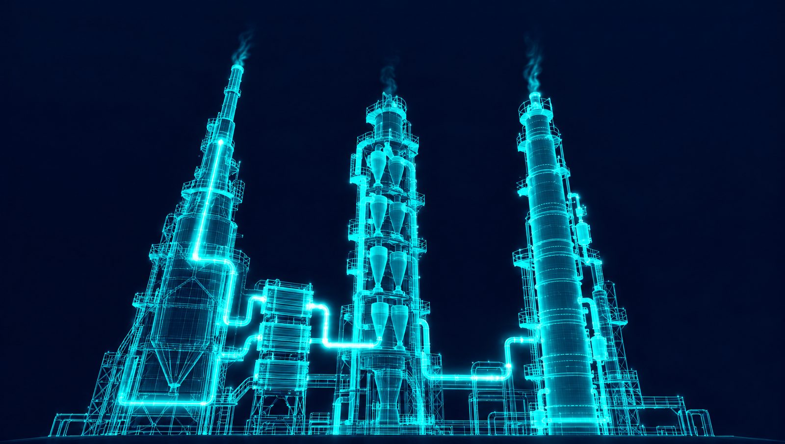 Wireframe illustration of an ethylene cracker furnace, cement preheater tower and crude column joined by one fuel line