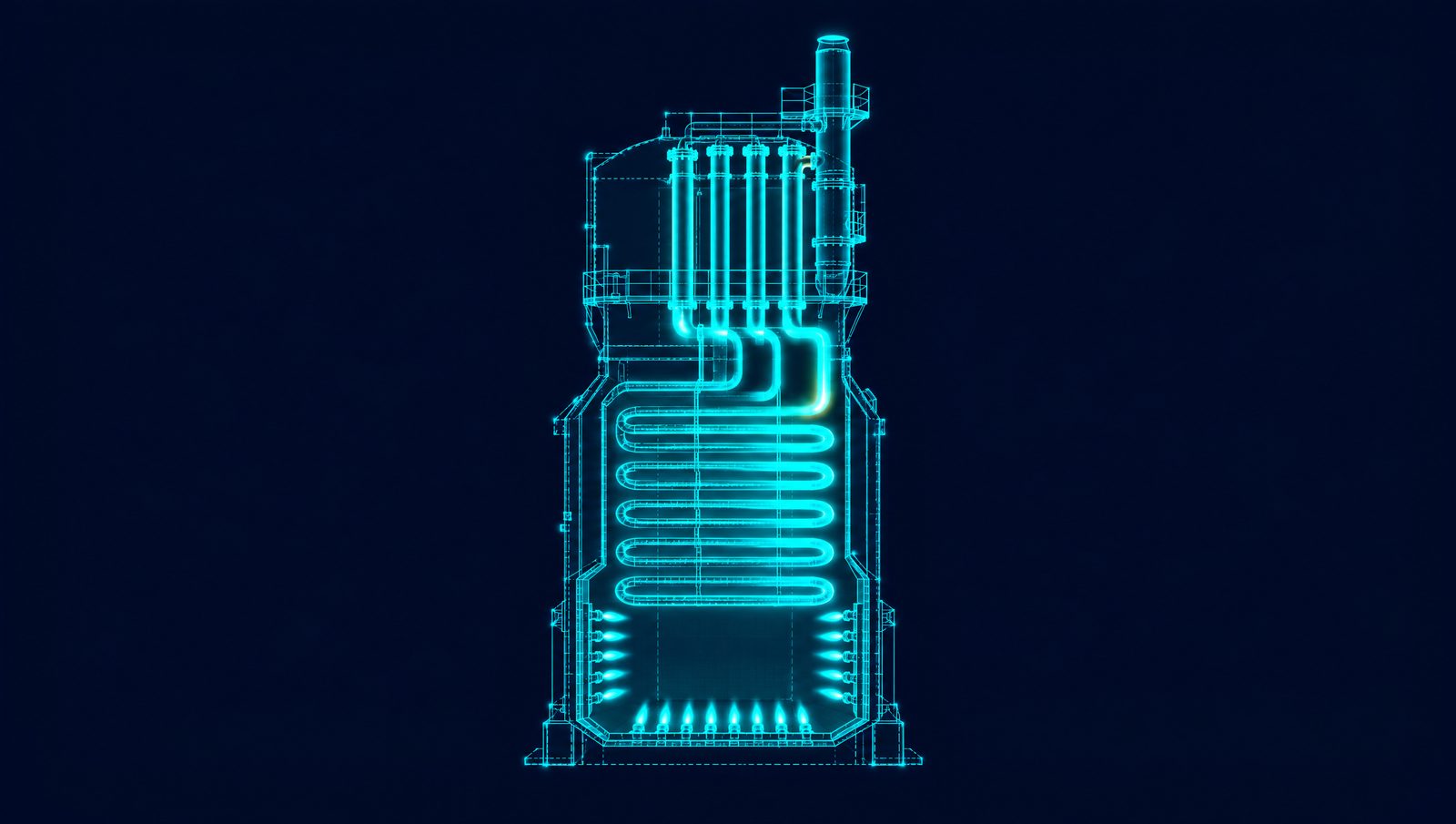 Wireframe rendering of an ethane cracker furnace bank with radiant coils and transfer-line exchangers